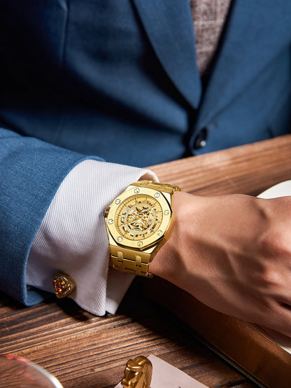 Gold Steel Skeleton Watch