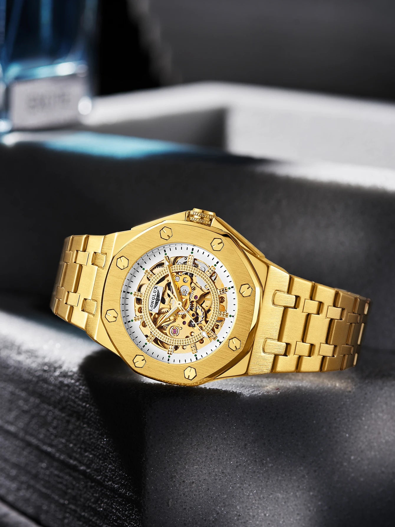 Gold Steel Skeleton Watch